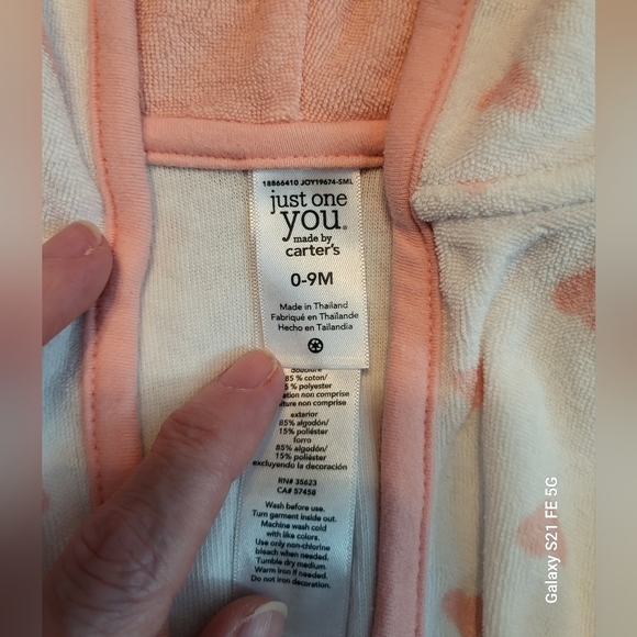 π©· 3/$15 Girls (0-9 M) Carter's Pink & White Hooded Robe, lamb pockets & tie New - Picture 3 of 5